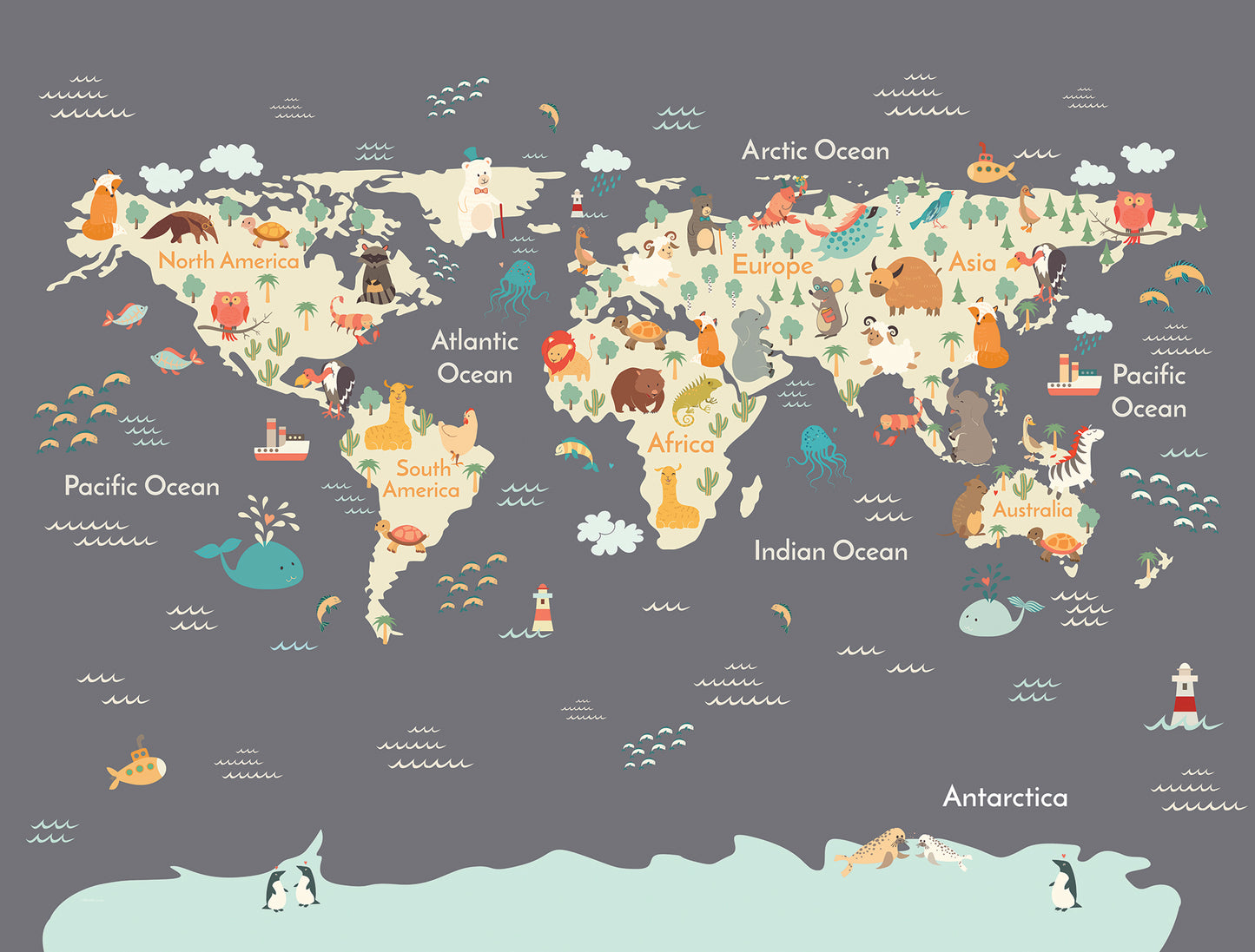 Animals of the World - Grey - Full Wall Mural