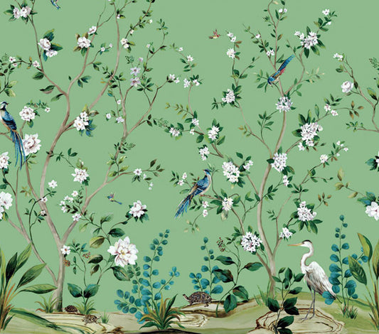 Heron Botanical Mural - Emerald Green