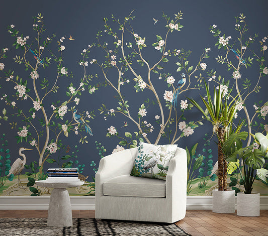 Heron Botanical Mural - Blue