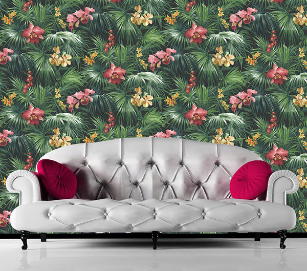 Tropical Palms & Orchids Green Design Wallpaper