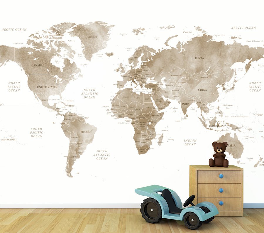 World Map - Sepia - Full Wall Mural