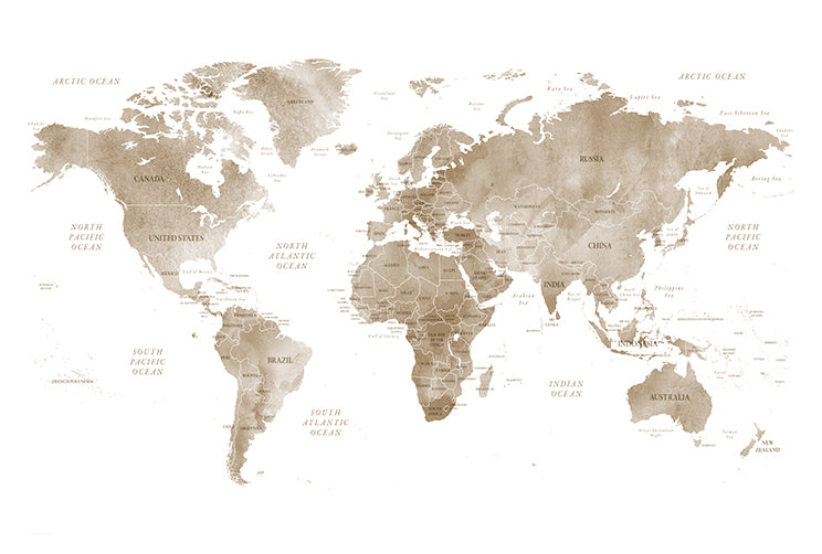 World Map - Sepia - Full Wall Mural